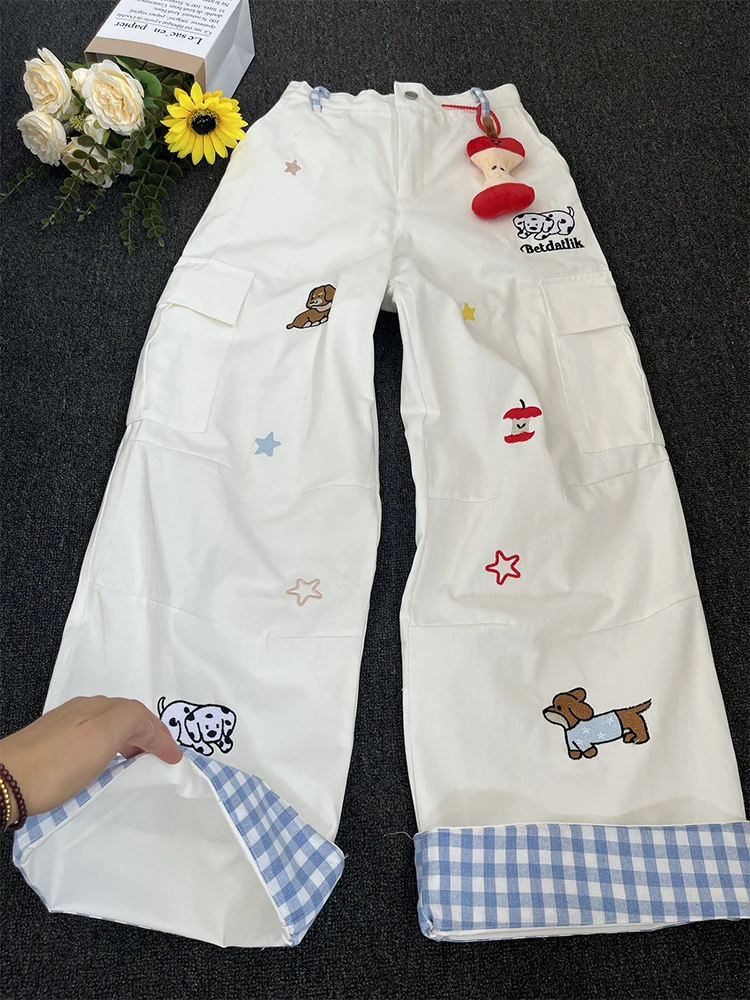 

Loose Fit Casual Cargo Pants with Embroidered Dog Pattern Color Block Plaid Summer Jeans for Teen Boys Straight Leg Tro...