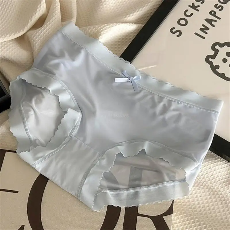 Women Middle Waist Ice Silk Panties Breathable Solid Color Underwear Sweet Bowknot Seamless No Show Briefs Underpants