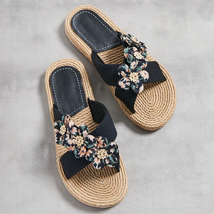 Handmade Ladies Home Slipper Women Sandals Casual Outdoor Cross Slippers Female Summer Beach Wear Flowers Flat Heel Shoes