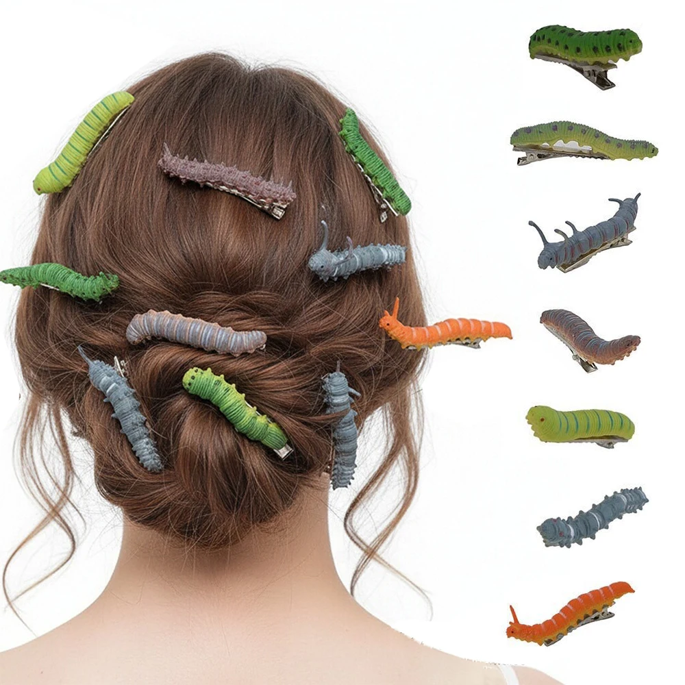 12Pcs Caterpillar Hair Clips Scary Fun and Whimsical Crawling Insect Hand-Painted Hair Accessories Halloween Christmas Party Set