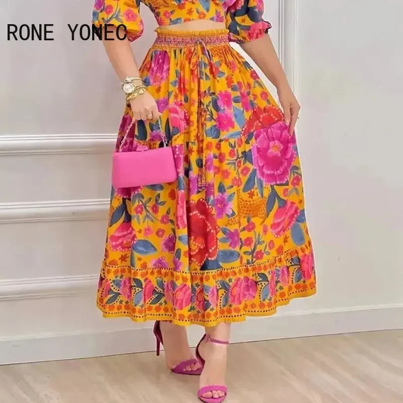 Women Outfit 2023 Y2K Floral Print Puff Sleeve Crop Top & Skirt Set Women Two pieces Sets