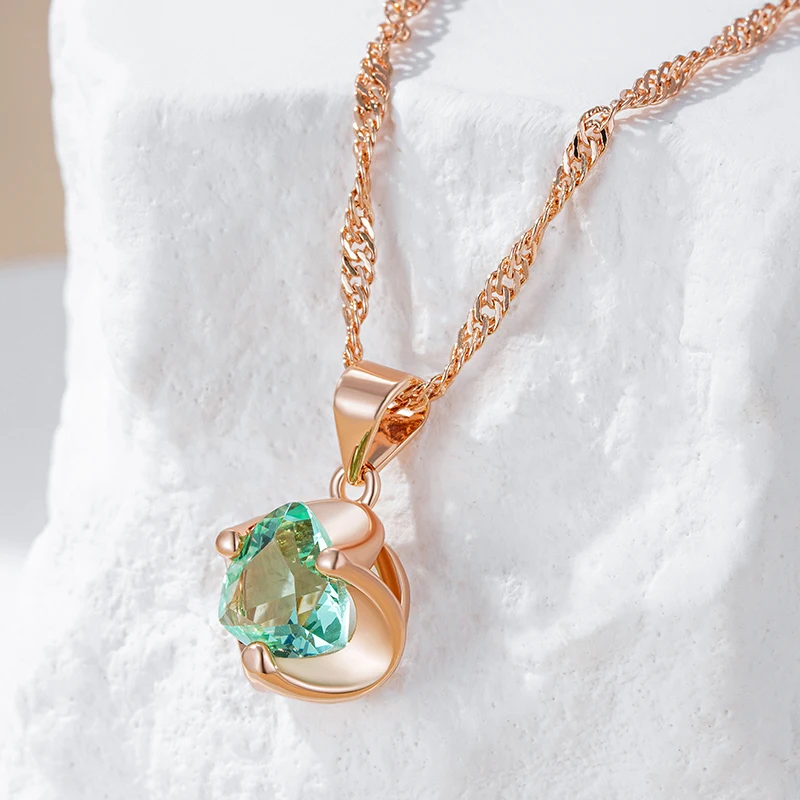 Kinel Hot Simple Romantic Green Natural Zircon Bridal Pendant Necklace Luxury 585 Rose Gold Color Daily Fine Jewelry Women Gift