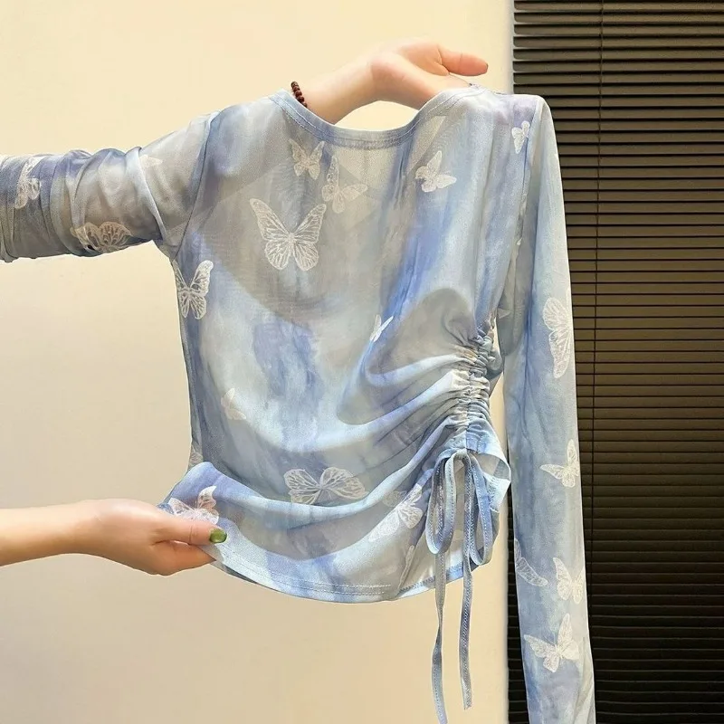 Y2k Clothes Spring Summer Lightweight Sun-protective Cover-up Long-sleeve Lace Top Bandage Design Tie-dye Butterfly Print Tshirt
