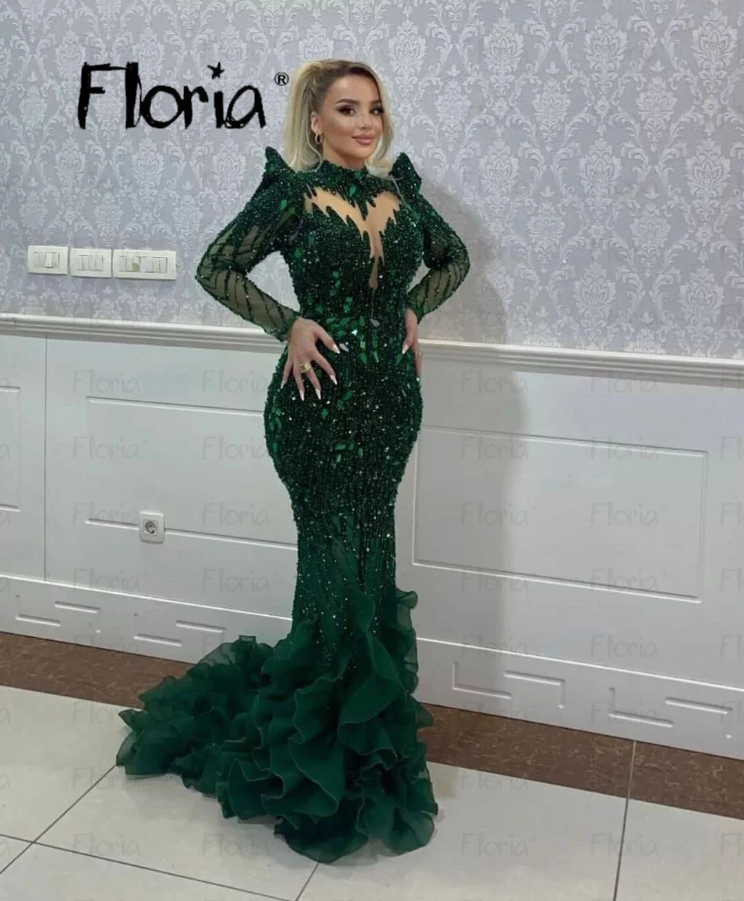 Floria Beaded Emerald Green Evening Dress Mermaid Long Sleeve Wedding Party Gowns For Women Formal Luxury Prom Gowns Customized