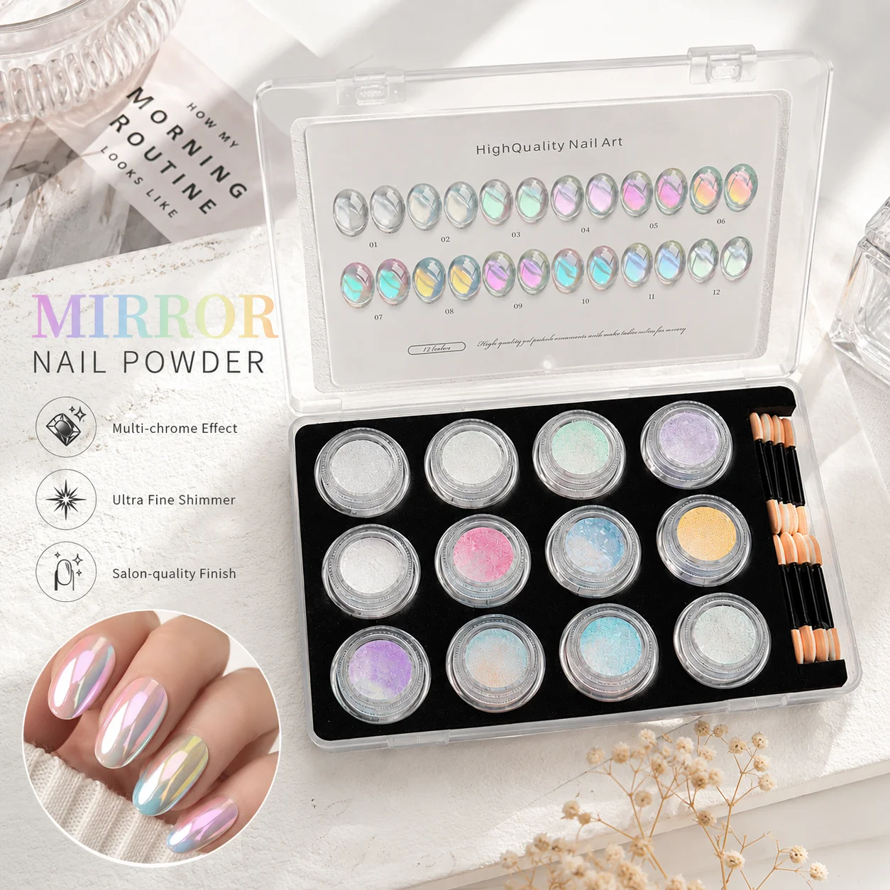 12 Colors Aurora Mirror Nail Powder Set Chrome Pearl Pigment Dust Ultra Fine Nail Glitter Kit Mermaid Effect for UV Gel Polish D
