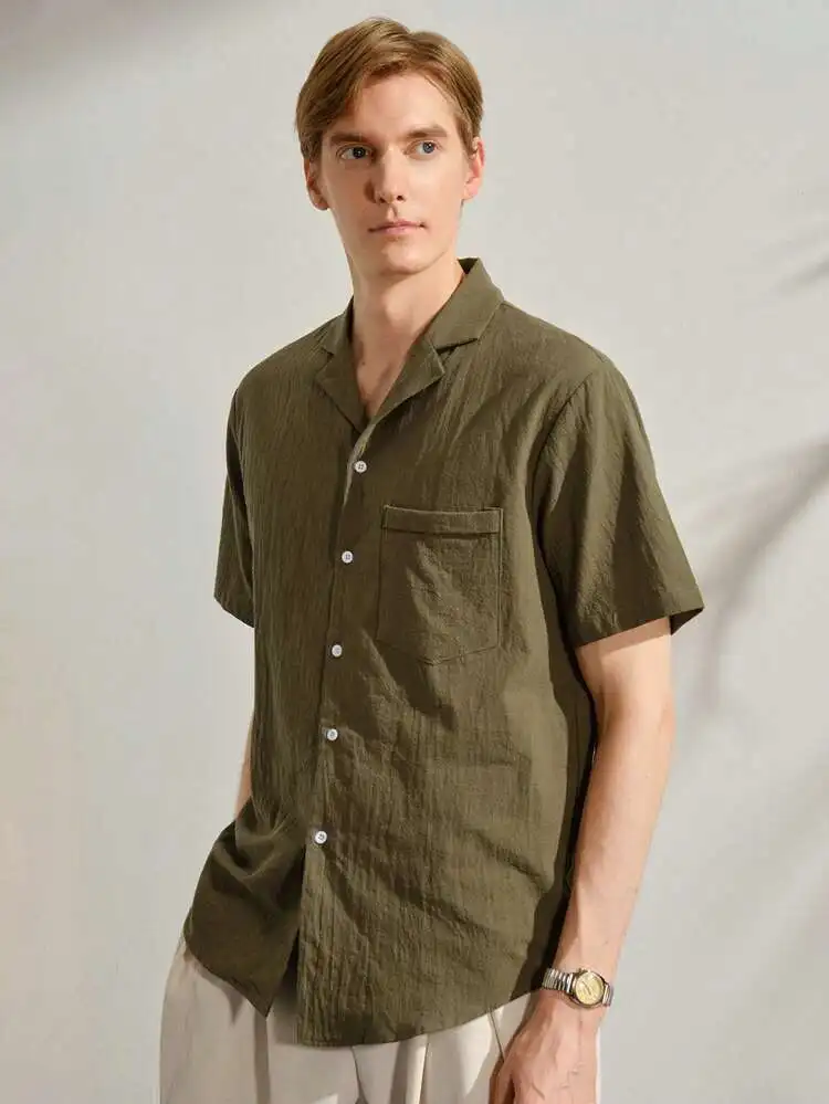 Army Green Men s Stand Collar Short Sleeve Button Front Pocket Casual Shirt Holiday Old Money Summer Vacation Style Gift