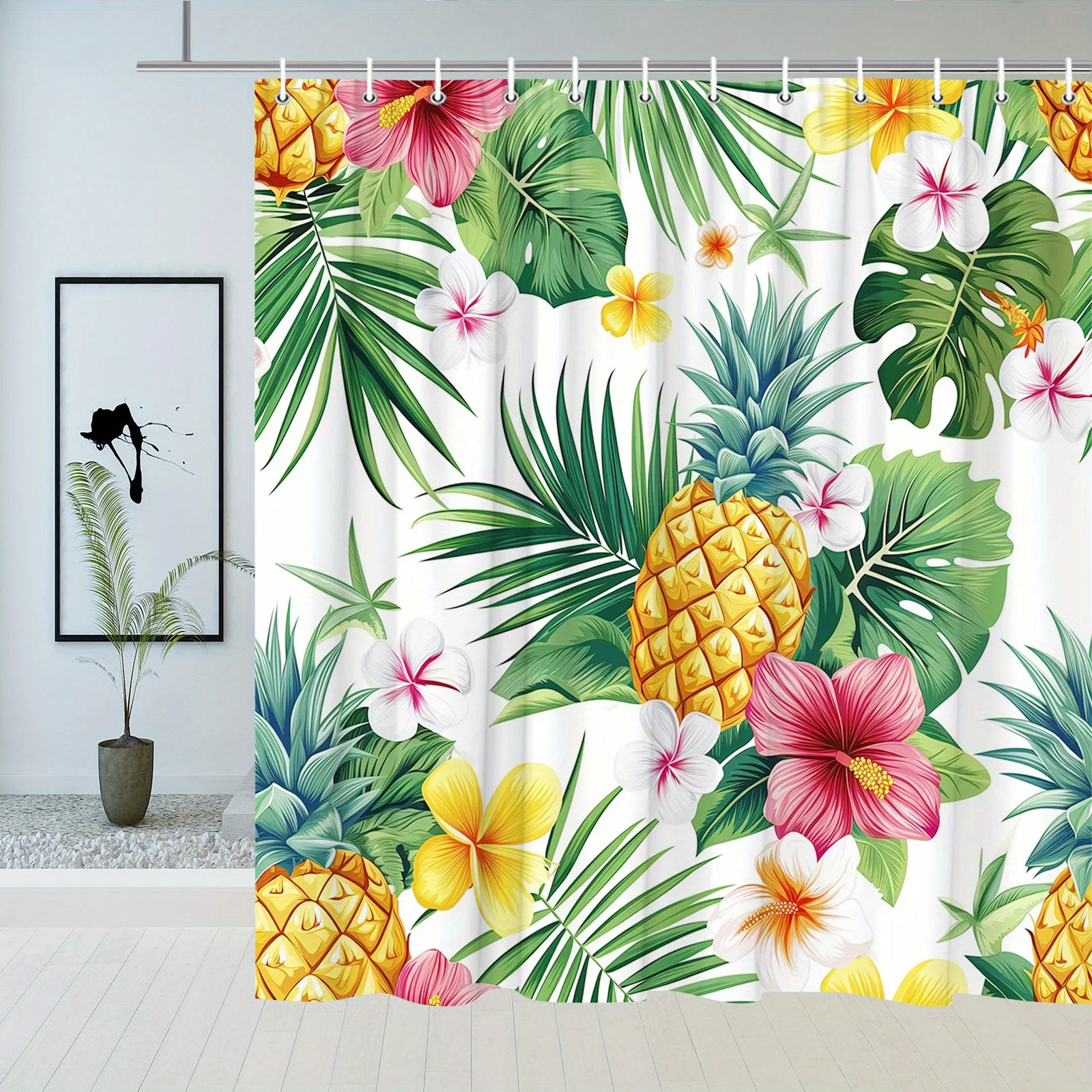 Tropical Paradise Shower Curtain - Vibrant Pineapples and Exotic Flowers for Bathroom Decor - Bright and Cheerful Home