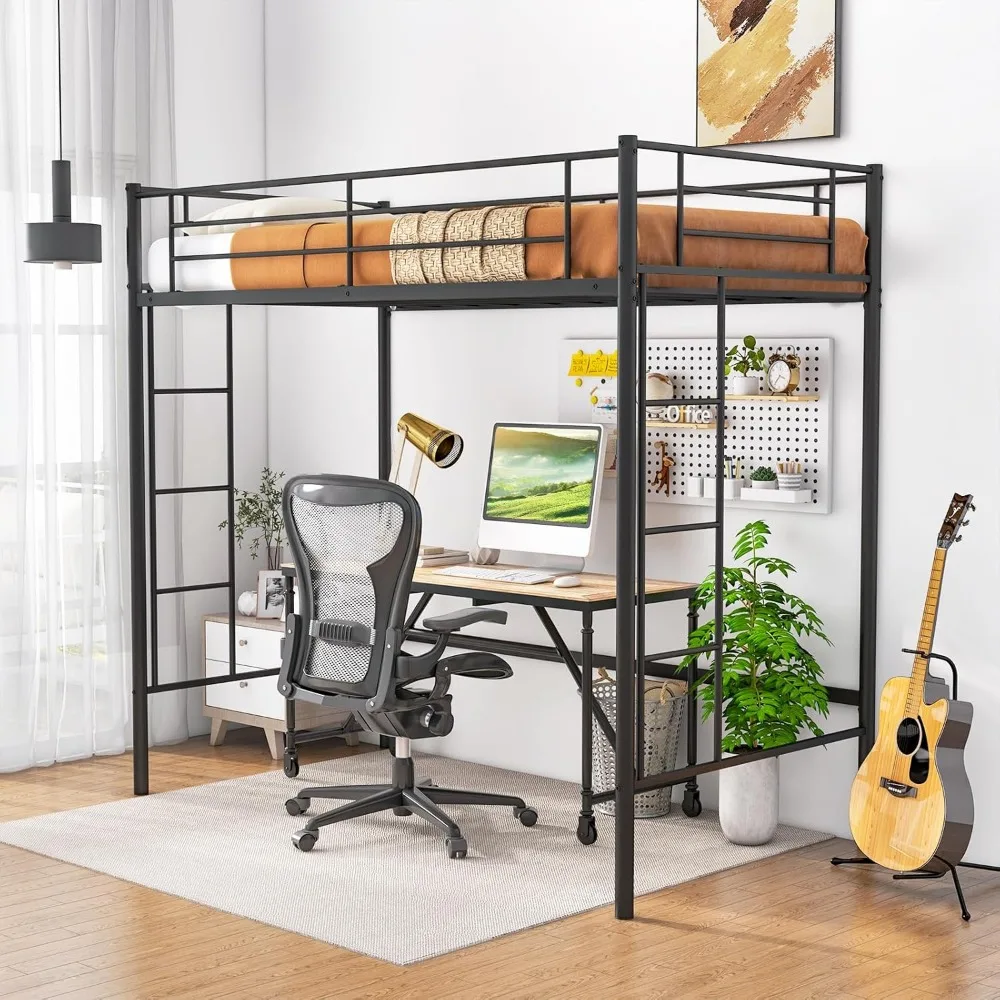 Metal Loft Bed Twin Size, Heavy Duty Metal Loft Bed Frame with Dual Ladders & Safety Guardrail, No Box Spring Needed