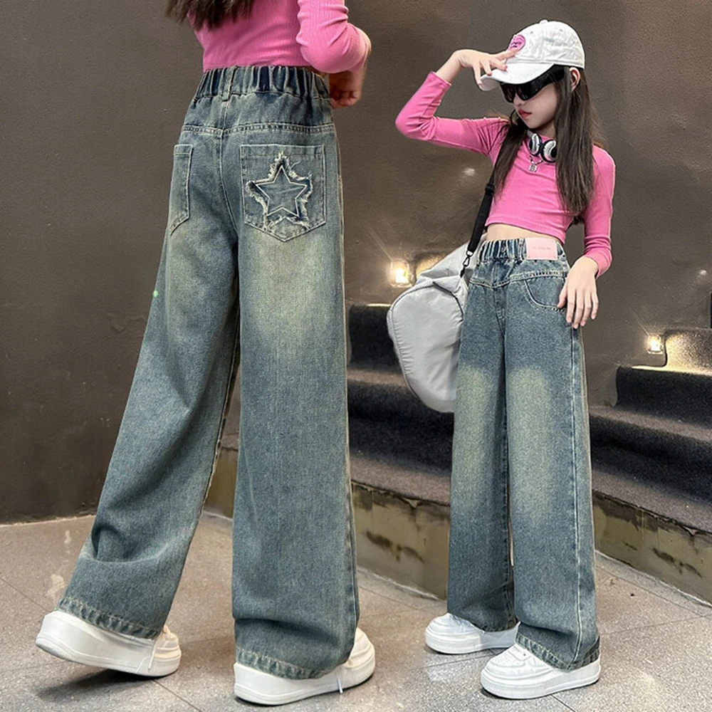

Teenager Girls Pocket Butterfly Jeans Children's Clothing Spring Autumn Kids Denim Pants 5-14 Years Wide-leg Pants School Girls