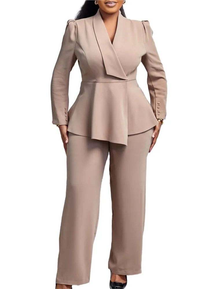 Women Two Pieces Set Elegant Long Sleeves Tops High Waist Pants Trousers Modest Peplum Office Ladies Work Wear Business Suit New