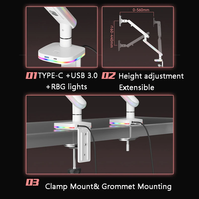 Imagem -04 - Liga de Alumínio Único Gaming Monitor Braço Desk Mount com Luzes Led Suporte do Monitor Ajustável Usb 3.0 e tipo c 13 a 36