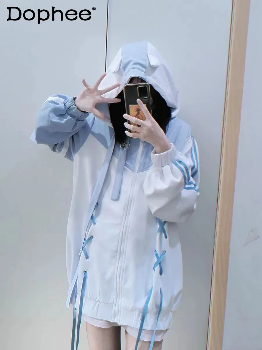 

Asian Culture Y2k Soft Girl Mine Series Water Color Hooded Sweatshirt Jacket Women Student Loose Tied Zip Cardigan Hoodies Coat