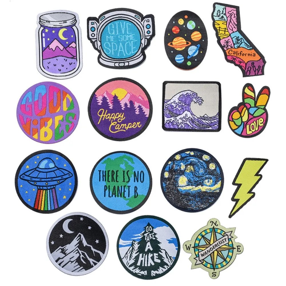 

Cartoon Landscape Space Woven Label Patch Badge Iron on Patches DIY T-shirt Backpack Hat Bag Craft Decor Repair Sticker Sewing