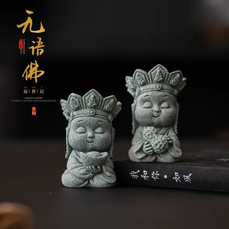 Green Sandstone Silent Buddha Tea Pet Ornament Desktop Decoration Chinese Zen Style Indoor Decoration Handmade Tea Set