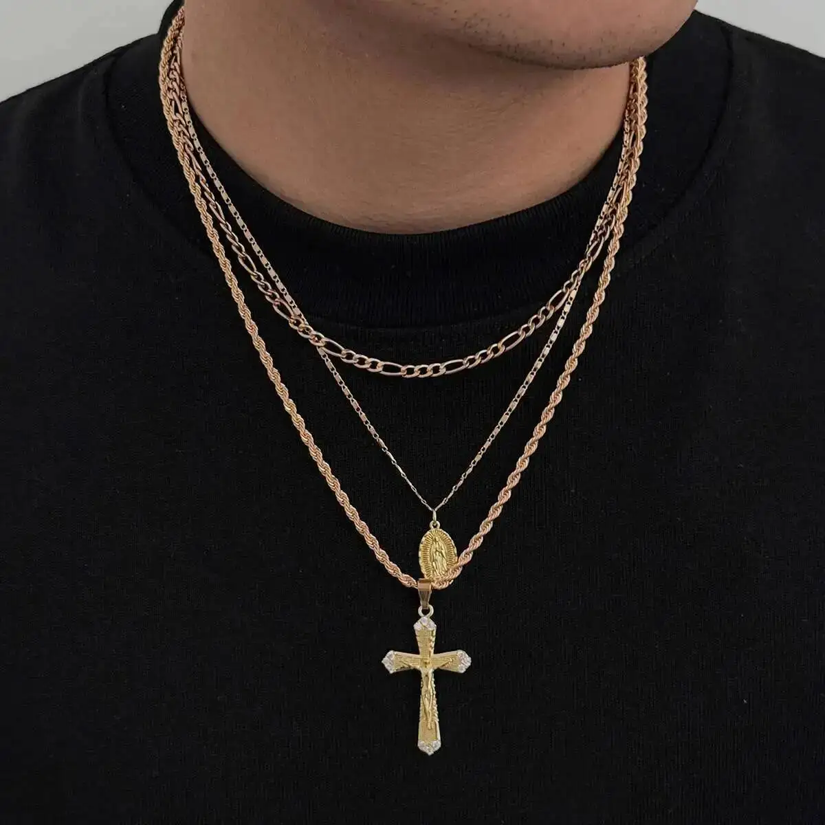 SHIXIN 3 Pcs/Set Hip Hop Punk Jesus Cross Pendant Necklace Men Trendy Gold Color Twisted Adjustable Clavicle Chain Jewelry Gift