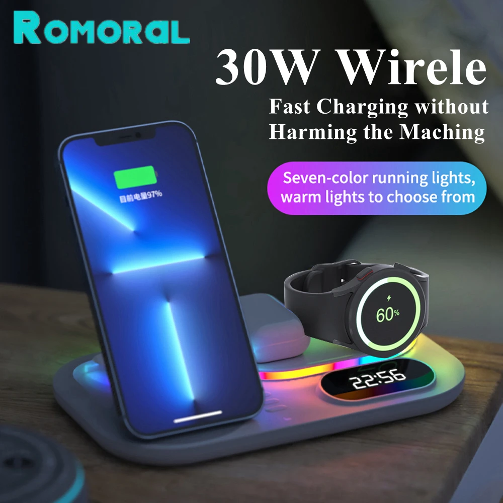 

30W RGB Wireless Charger Station With LED Time Display Qi Fast Charging Dock For Samsung S22 S21 Ultra Galaxy Watch 5/4 Pro Buds