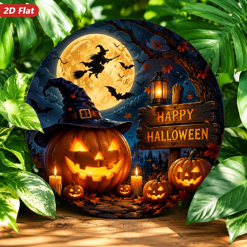 2D Flat, 1pc Halloween Pumpkin Moon Round Metal Sign Wall Art, Home Decor, Happy Halloween Sign, Glowing Jack O Lantern, Full Mo
