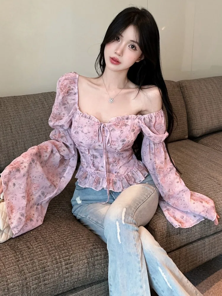 

Floral Print Off-Shoulder Chiffon Shirt Women's Sweet Flared Sleeve Shirt Autumn Winter New Style Waist-Cinching One-Piece Top
