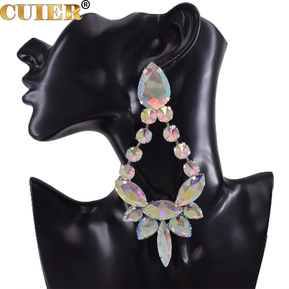 

CUIER 5.5" Gorgeous Glass Gemstone Long Drop Earrings Jewelry for Women Available as Pierced Clip on Huge Size Beauty Pageant