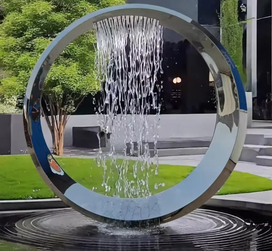 Stainless Steel Circular Water Feature Sculpture Outdoor Garden Plaza Ornament Mirror Polished Surface Customizable Size