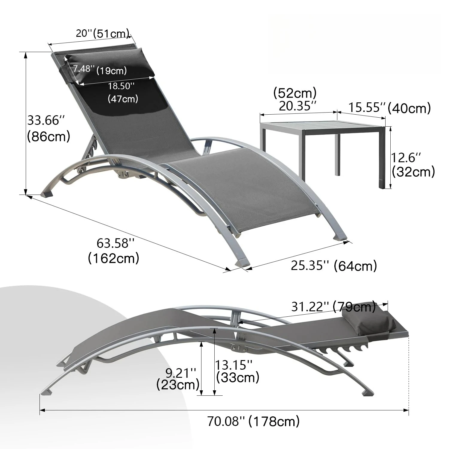 Factory Direct 2026 Adjustable Aluminum 3-Piece Sun Lounger Set Outdoor Chaise Lounge Chairs Metal Side Table All Weather Poolsi