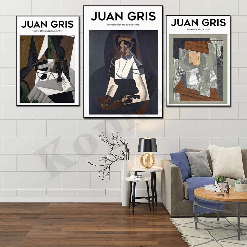 Juan Gris Works "Jarra de mermelada de fresa", "Cuvera", "Plato de fruta sobre mantel a cuadros", arte de cubismo moderno de mediados de siglo, abstracto E