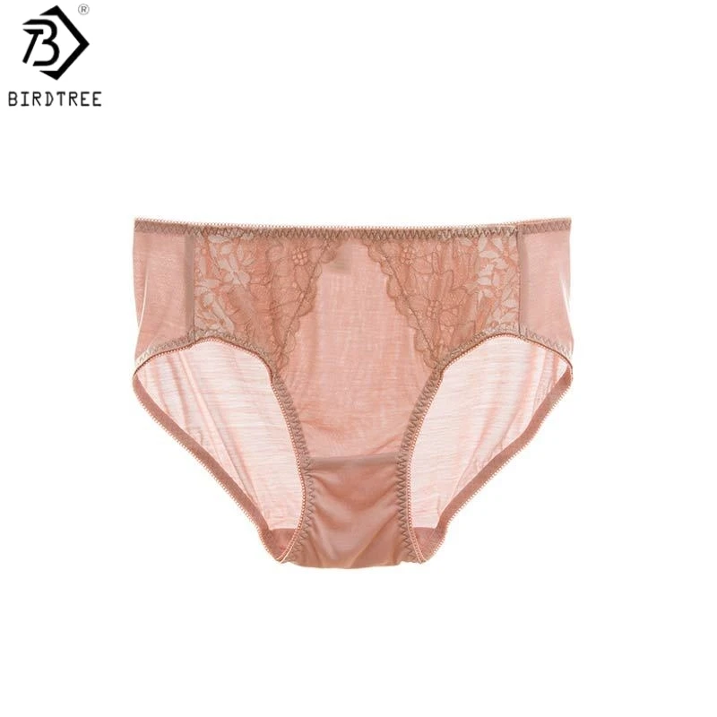 Birdtree, 2PCS 100% Real Silk Lace Briefs, Women's Breathable Mid-waist Underpants, Thin Traceless Brief, 2026 New S69310JF