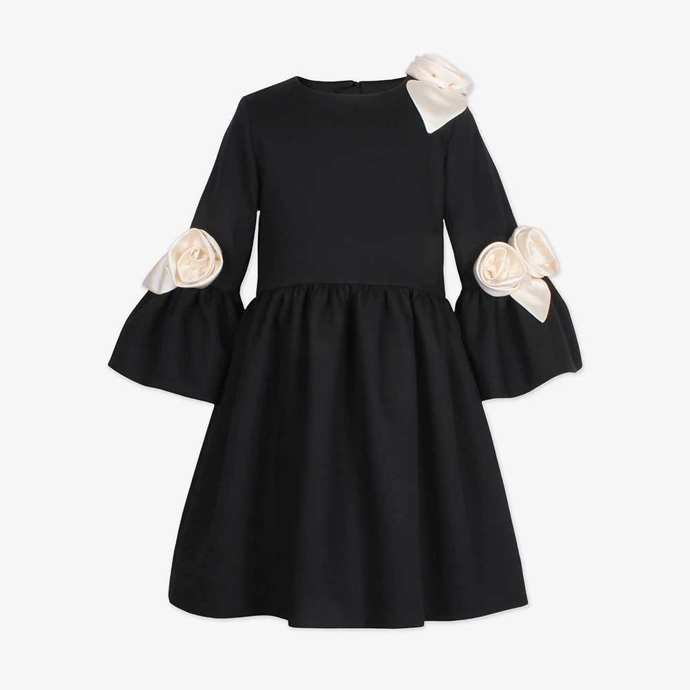

Customized Girl's Party Dress Black Satin 3D Flowers Short Party Gowns for Girls A Line O Neck Long Sleeves Children Formal Gown