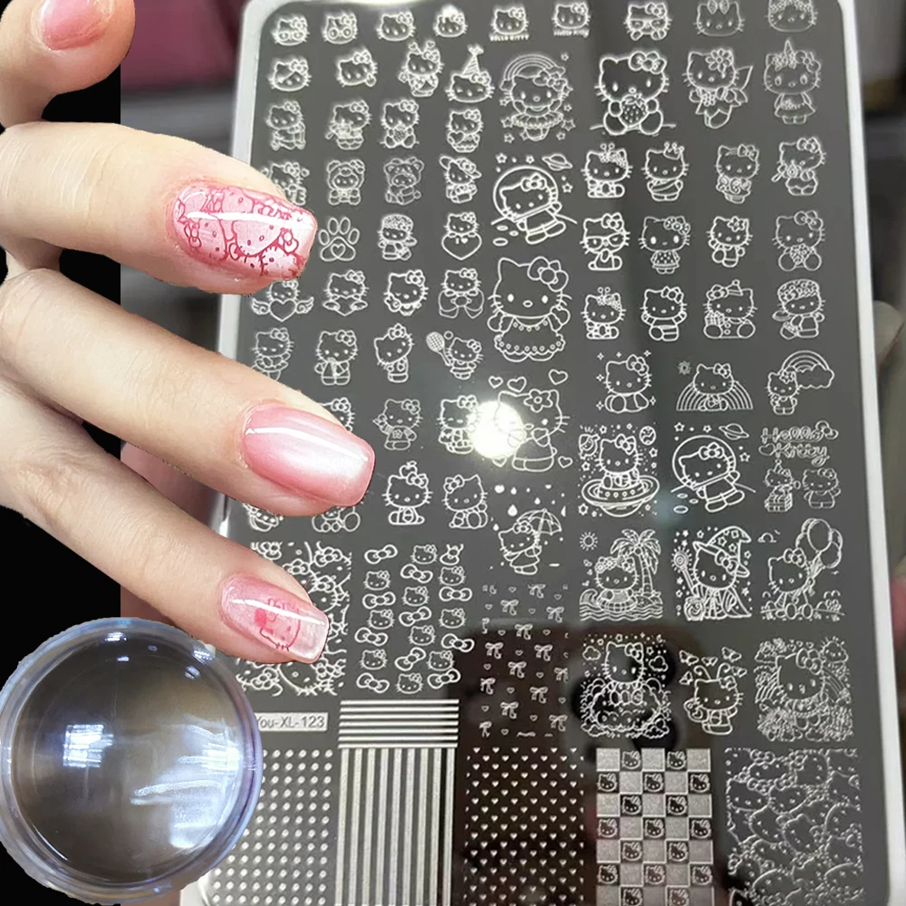 

Пластина для штамповки ногтей Hello Kitty, наклейка со штампом/скребком, гель-лак для ногтей Cateye, шаблон для печати ногтей Kitty Cat, трафареты для ногтей