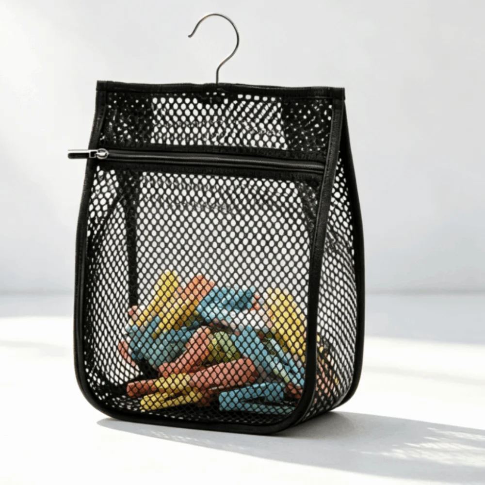 Portable Clothespin Storage Bag Large Capacity Zipper Closure Socks Storage Bag Black Mesh with Hooks Underwear Storage Bag