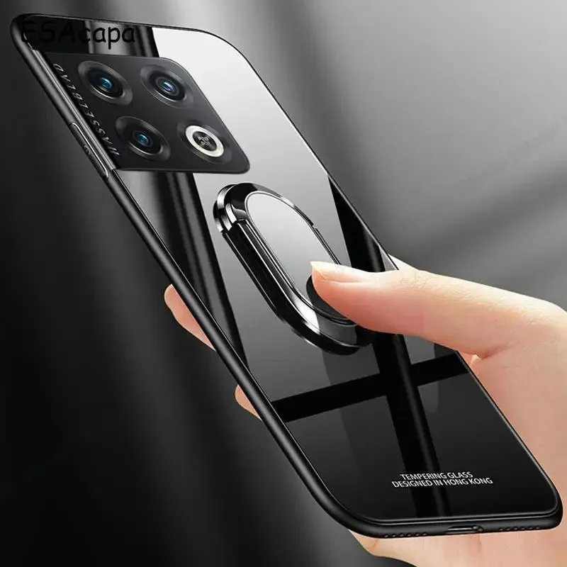 حافظة هاتف بحامل حلقي مغناطيسي من الزجاج المقسى لهاتف Oneplus 10 Pro غطاء خلفي صلب مقاوم للصدمات لهاتف One plus 10Pro مع حبل قصير