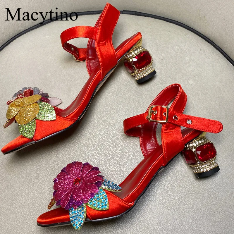 2024 Colorful Flower Ladies High Heel Sandals Round Toe 6CM Heel High Heel Sandals Fashion Party High Heel Sandals