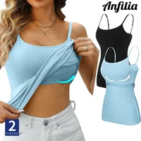 Anfilia camisola para mujer 2 uds tirantes finos ajustables sólidos con sujetadores con estante 95% algodón suave Casual camisetas sin mangas de alta elasticidad