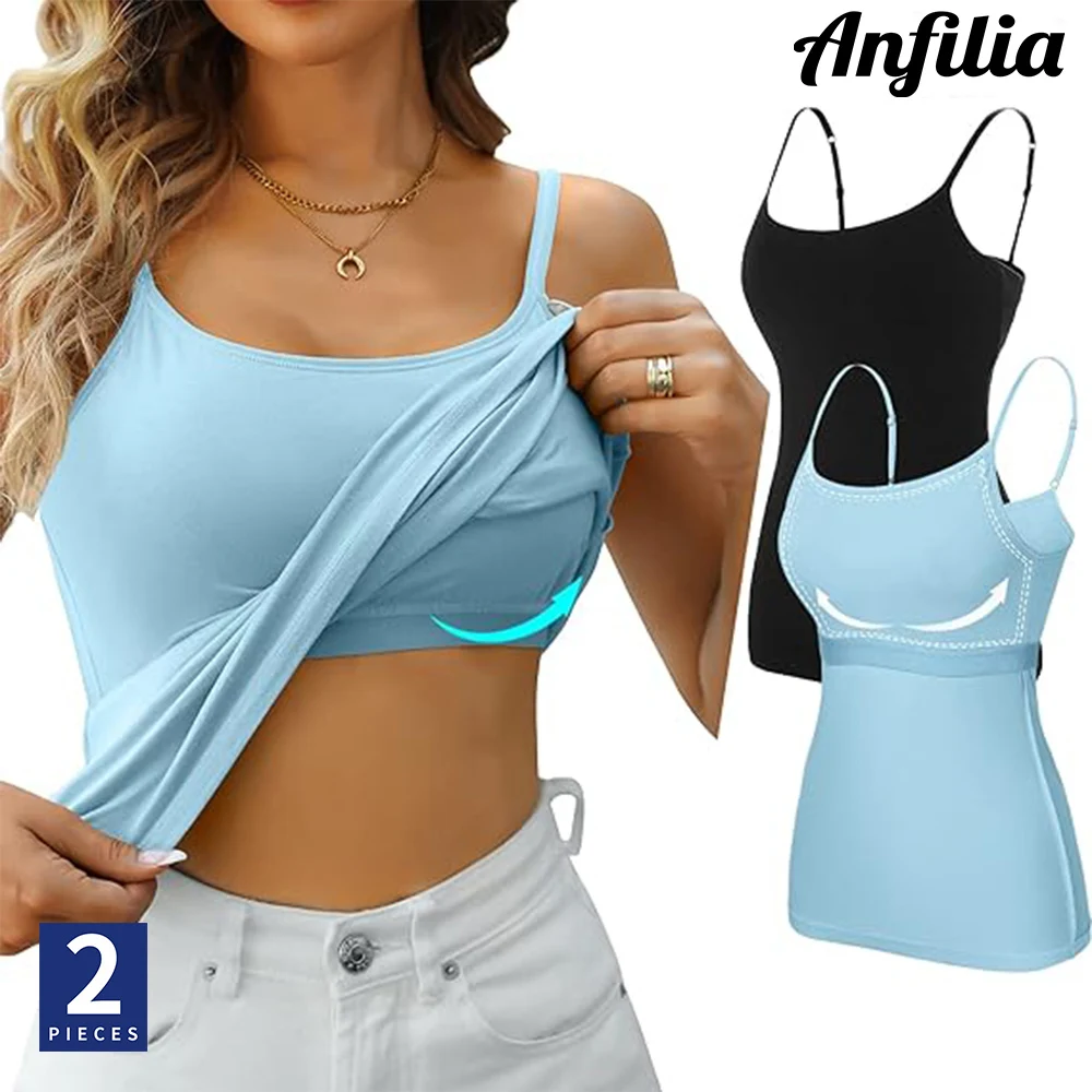 Anfilia Women Camisole 2PCS Solid Adjustable Spaghetti Straps with Shelf Bras 95% Cotton Soft Casual High Elastic Tank Tops