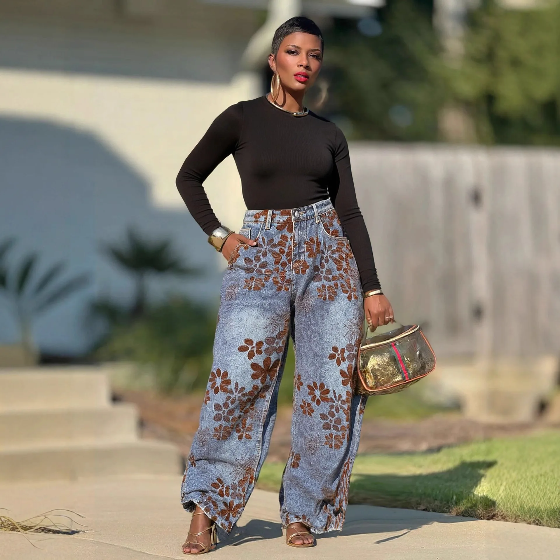 Jeans Wide Leg Pants Women Flocked Floral Denims Vintage Distressed Trousers Streetwear Washed Floor Length Spring Summer 2026
