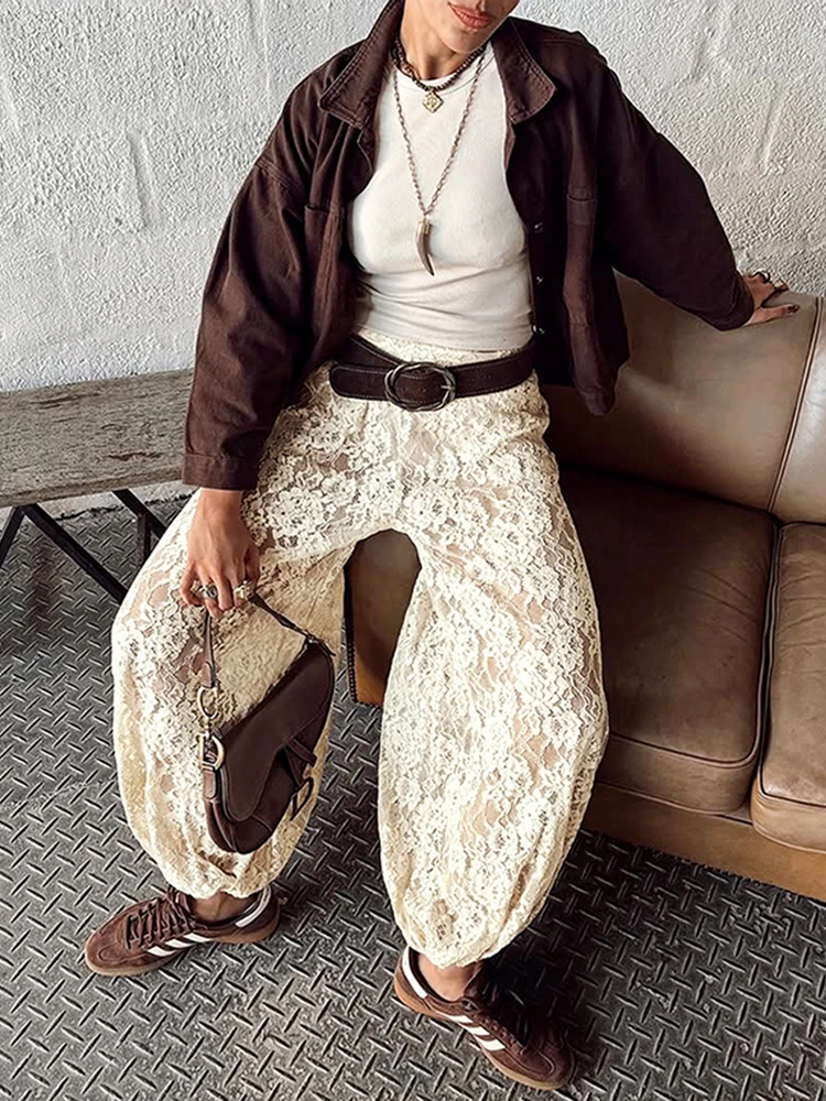 

Элегантные абрикосовые кружевные длинные брюки, весенние винтажные брюки с высокой талией, женские 2026, сексуальные однотонные прозрачные широкие брюки, женская уличная одежда