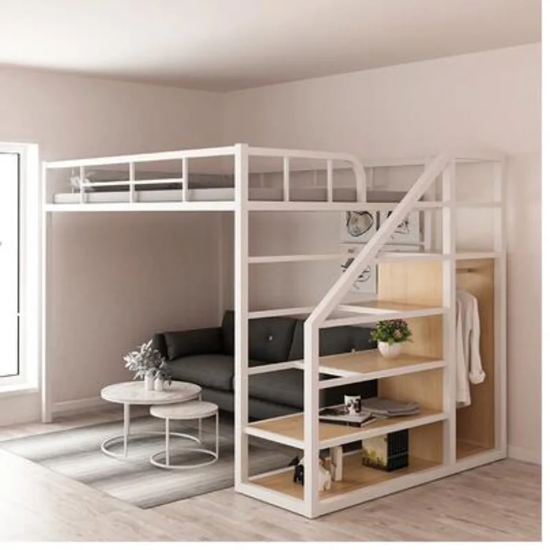 Iron work elevated bed empty single upper floor space saving attic bunk apartment high and low iron frame bed