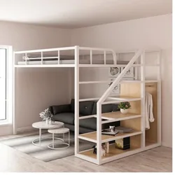 Cama elevada de trabajo de hierro, litera de piso superior individual vacía, ahorro de espacio en el ático, apartamento, cama con marco de hierro Alto y Bajo