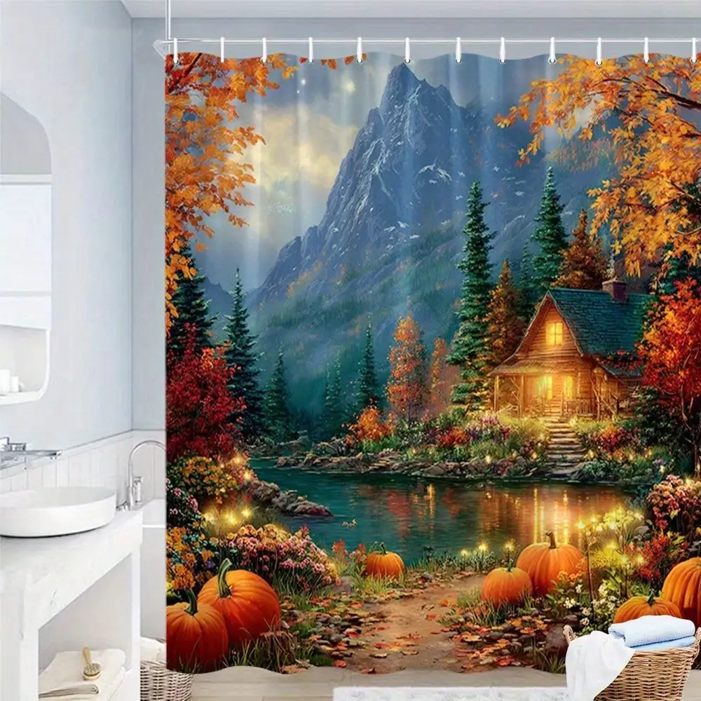 1pc Autumn Pumpkin Shower Curtain Suitable Bathtub - Cozy Cabin And Mountain Landscape Bath Decor With 12 Hooks,-Washable, Vibrant Fall Colors, Window Treatment (70.8X70.8 Inch)
