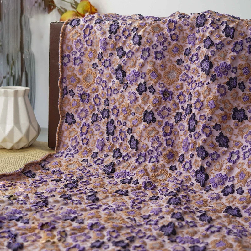 

Purple Color Embossed Bubble Yarn Dyed Jacquard Fabric Women's Small Flower Dress Retro Decorative Sewing Fabric 50cmx125cm