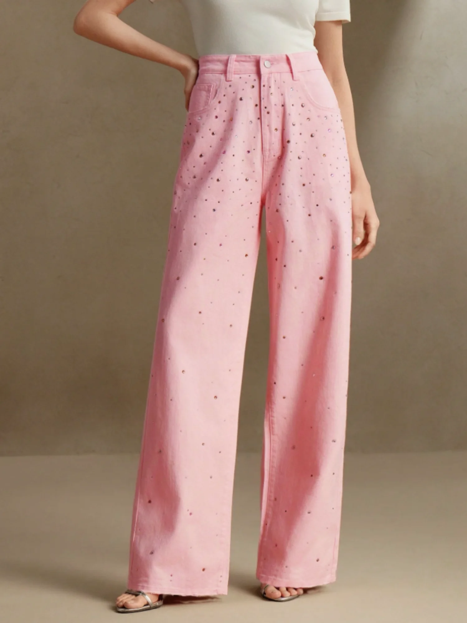2025 autumn new style Pink women's wide-leg jeans with colorful diamond design loose fit slimming effect and good draping