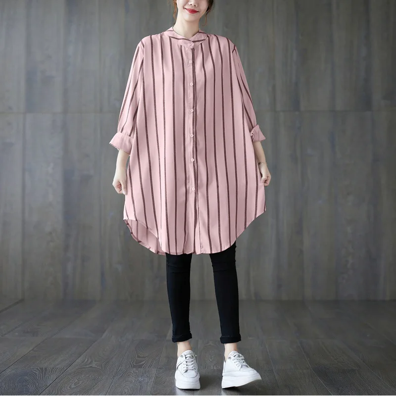 

Loose Striped Blouse with Stand-up Collar, Single-Breasted, New, Autumn, 2024