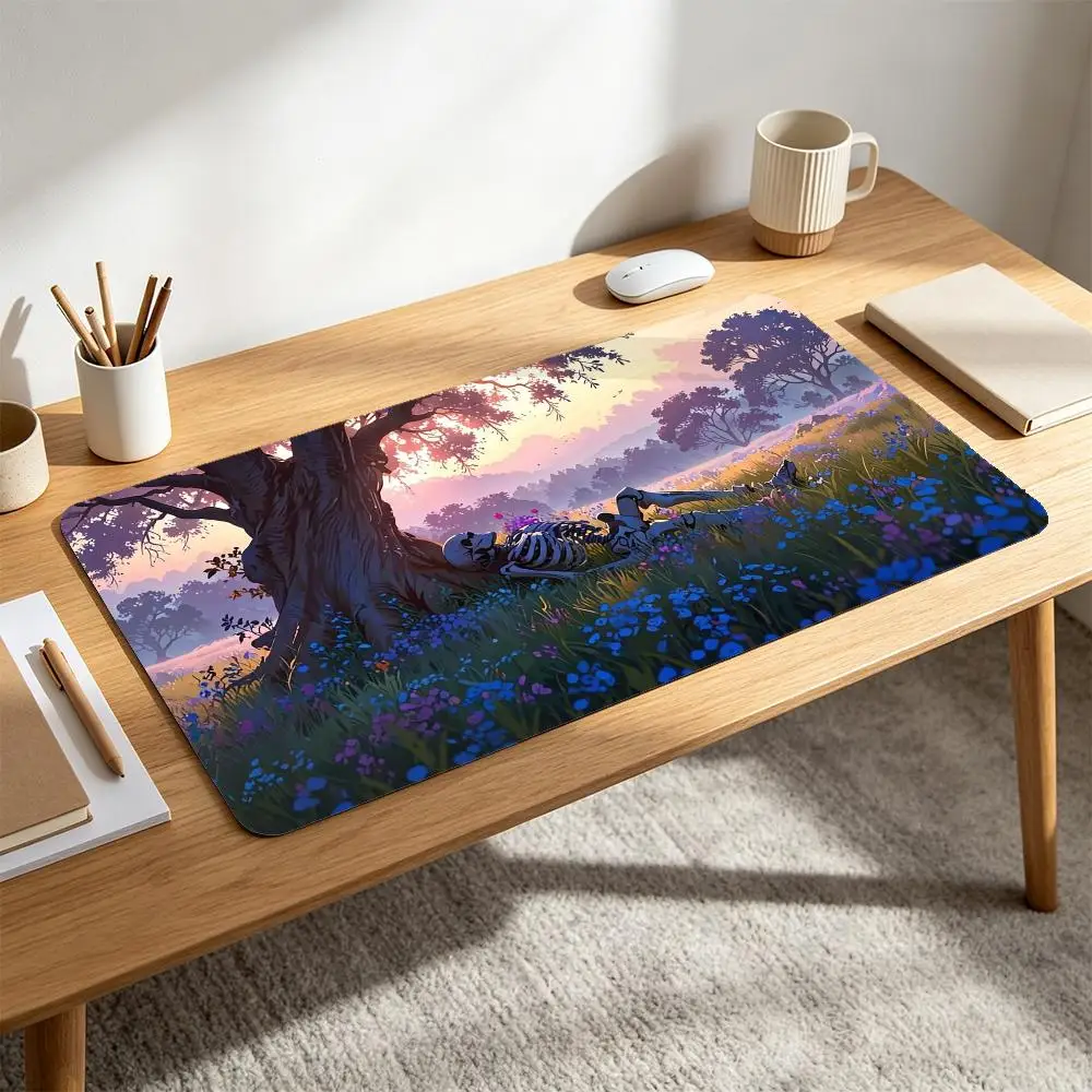 Skeleton Resting Under Tree Wildflower Meadow Sunset Dusk Large Gaming Mouse Pad Fantasy Landscape alfombrillas gaming