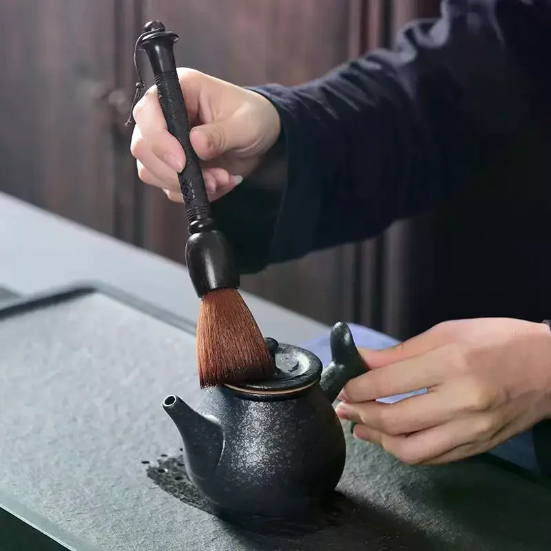 Chinese Style Cleaning Brush Hand Carved Dragon Pattern Sandalwood Handle Synthetic Fiber Brush