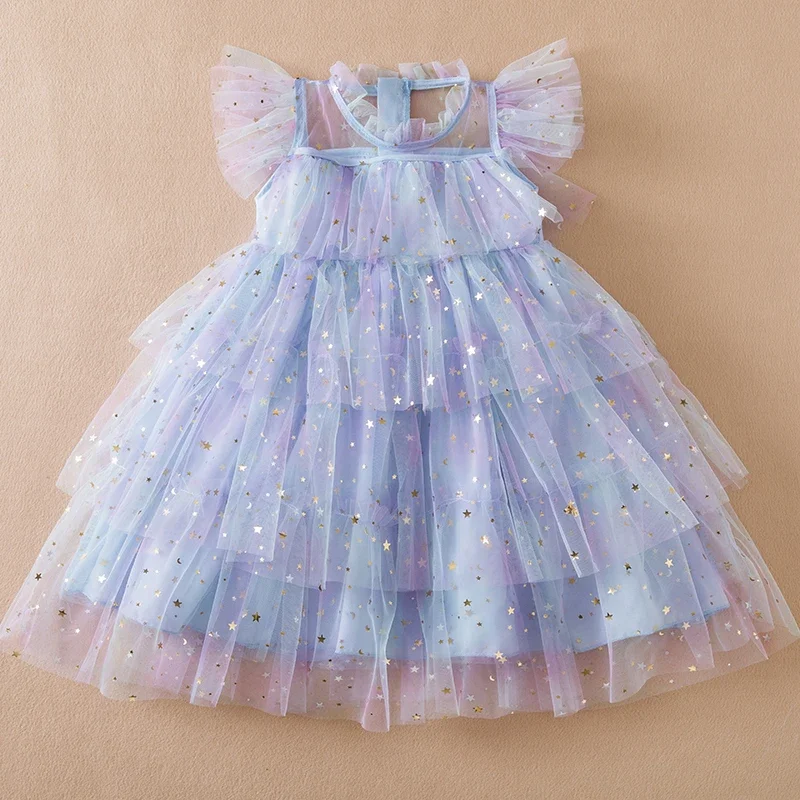 2024 New Summer Girl Sequins Mesh Layers Cake Rainbow Children Vestido Princess Dress 3-8Y Kid Clothes Birthday Party Prom Dress