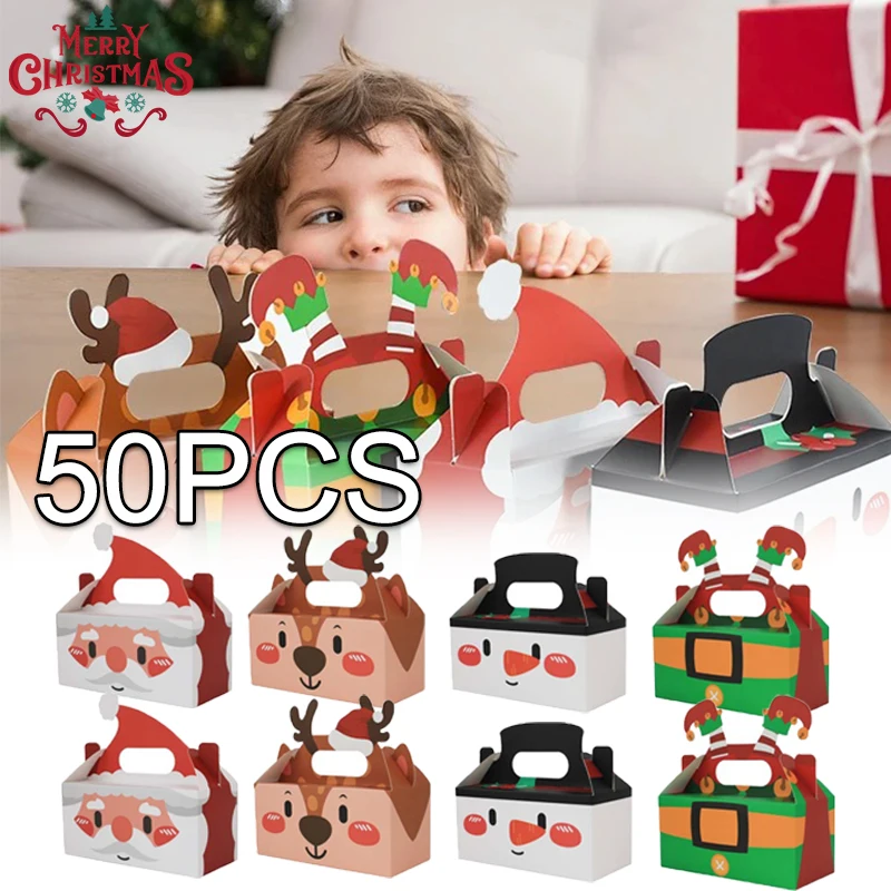 

100PCS Merry Christmas Candy Box Cute Santa Claus Elk Cookie Gifts Cake Packing Box For Christmas New Year Party Decor Xmas