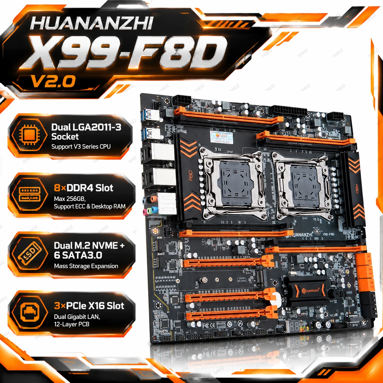X99 Motherboard C612 LGA2011-3 Dual CPU 8xDDR4 256GB Quad Channel M.2 NVMe 10xSATA 3xPCIe x16 Dual Gigabit LAN