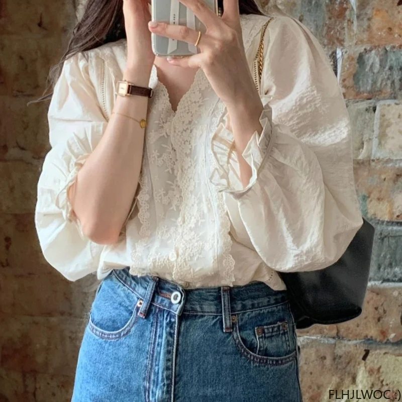 Ruffles Lace Tops Women 2024 Korean Style France Fashion Design Flare Sleeve Elegant Office Lady Work Solid Basic Shirts Blouses