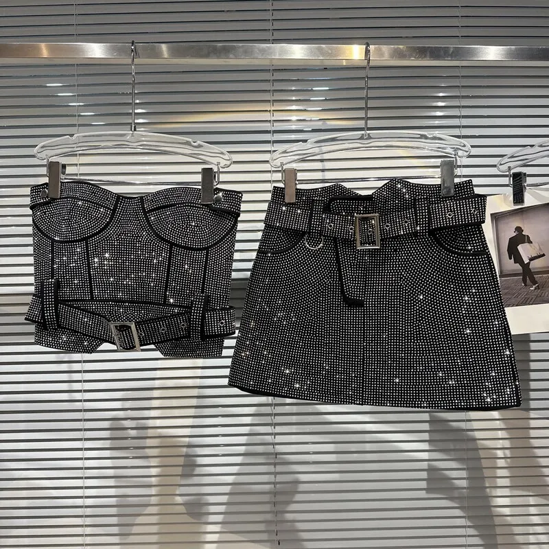 spring Autumn New High Quality Women Above Knee Length Short Mini Black Rhingstone Skirt With Belt