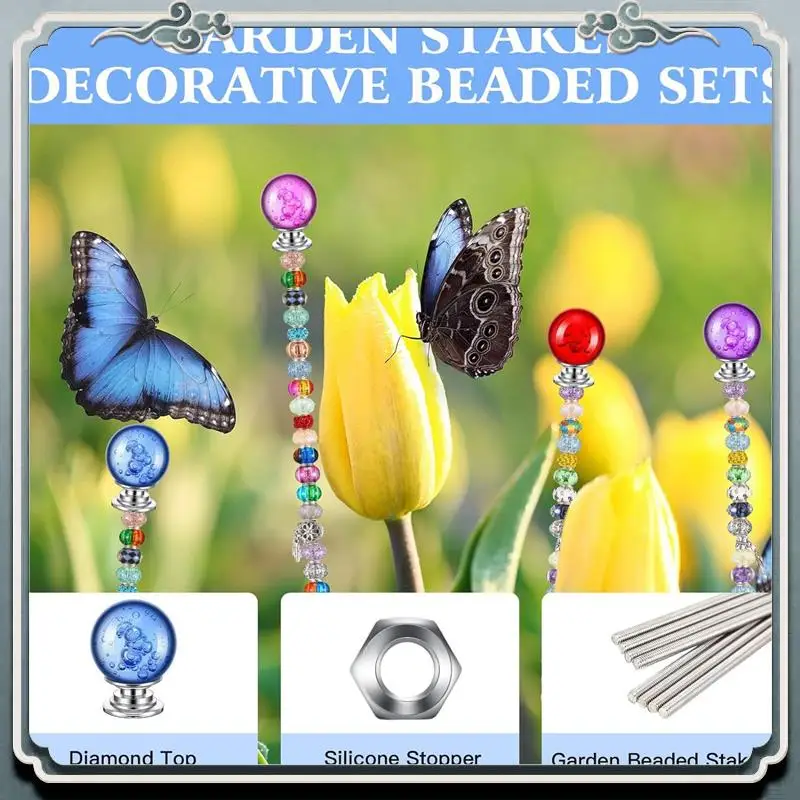 DIY Garden Beaded Stakes Wands Accessories Include 8 Pcs 8/32 Inch 12 Inch Threaded Rods, 8 Pcs Hex Nuts And 8 Diamond Stopper